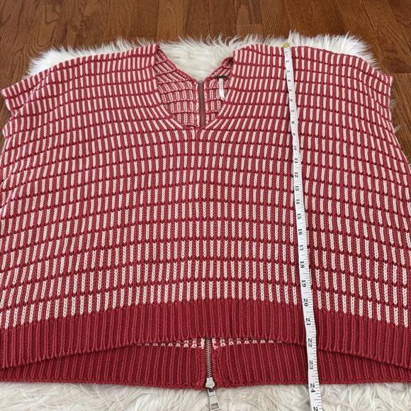 Free People Oversized Sweater Womens XS Red White Knit Zipper Boho Preppy Poncho - Picture 6 of 11
